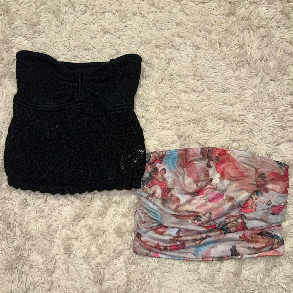 Black Lace and Multicolor Print Tube Tops